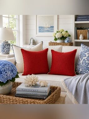 Pottery Barn Set of 2 Red Textured Cotton Throw Pillows 20x20 w/ Inserts